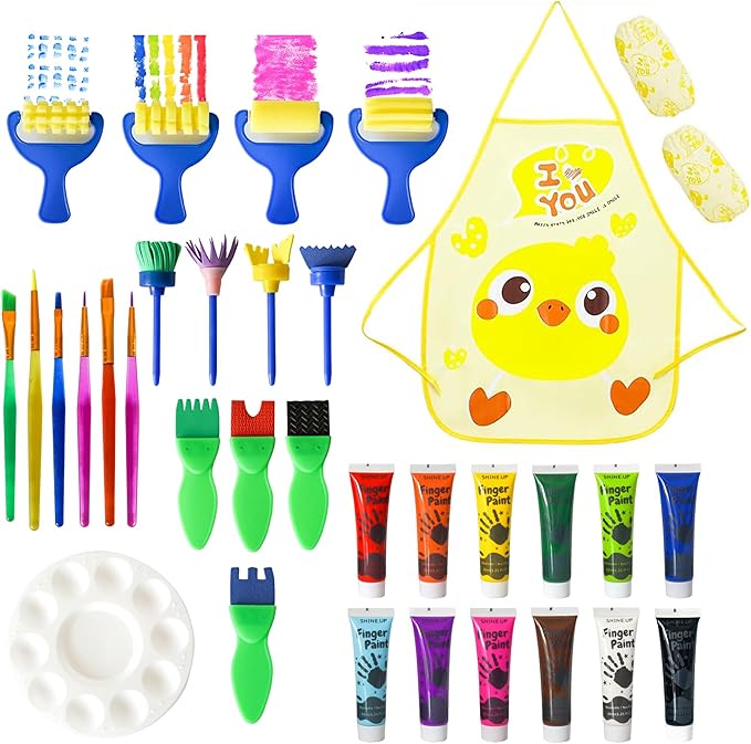 Kids Washable Finger Paint Set, 34 PCS, 12 Colors Non-Toxic Finger Paint Set with Paint Brushes, Sponge, Palette, Smock, Safe Art Supplies for Toddlers Age 3 4 5 6+, Gifts for Boys Girls
