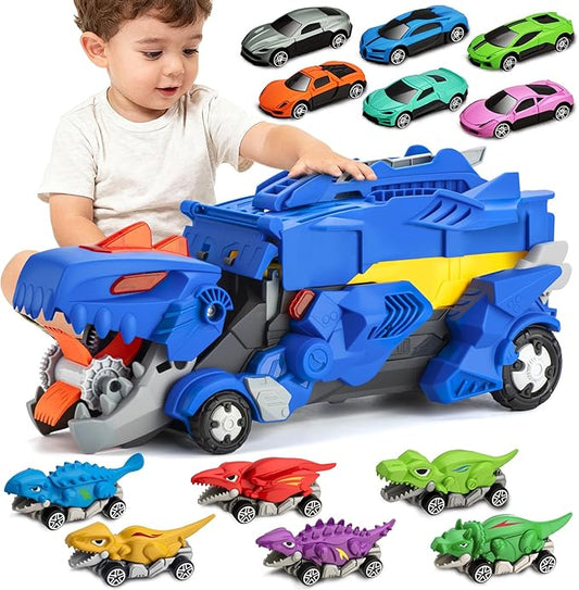 Dinosaur Toys Car for Kids 3-8 Year Old Boy Gift, Toddler Toys for 3 4 5 6 Years Old Boys & Girls Transport Dino Truck with 12 mini Cars & City Map Birthday for Kids