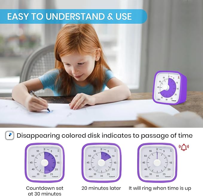 Yunbaoit Visual Timer for Kids, Silent 60-min Countdown Timer, Purple - Image 2