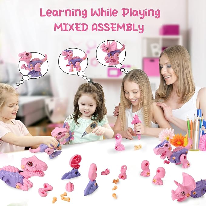 FREE TO FLY Girls Toys Take Apart Dinosaur: Pink Dinosaur Play Set for Kids 3-5 5-7, Stem Learning Educational Montessori for 3 4 5 6 7 8 Year Old Girls Toddlers Autism Sensory Xmas Birthday Gifts - Image 4