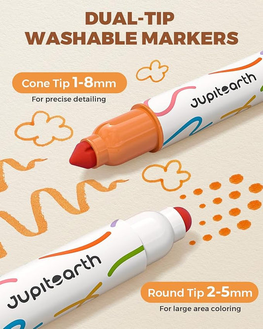 JUPITEARTH Washable Dual Tip Markers for Kids, Broad & Round Tip, Easy-Grip Design for Little Hands, 24 Vibrant Colors Toddler Markers with Portable Case, Preschool Art Supplies for Kids Toddlers