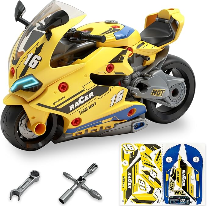 Take Apart Motorcycle Toys Kit, Motorcycle Model Toys for Kids Mechanic,Motorcycles Toy with Light, Sound & Spray for Toddlers 3+ Kids,Interactive Toy Engine Building Kit, Yellow