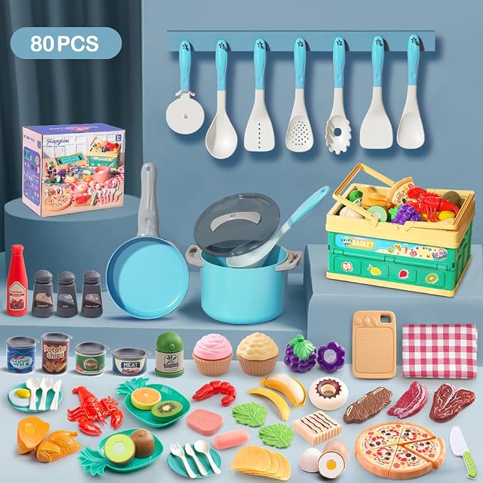 80Pcs Kitchen Playset, Toddler Pretend Cooking with Pots, Pans, Cookware, Food, Picnic Blanket, Fruits, Veges, Shopping Storage Basket, Dessert , Learning Gift for Girls Boys (Turquoise) - Image 2