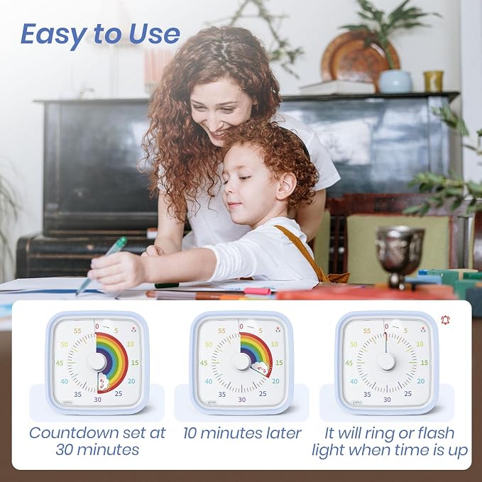 Yunbaoit Rainbow Visual Timer for Kids, 60-min Countdown Timer, Light Blue - Image 3