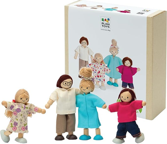 PlanToys® Wooden Dollhouse Family Set– Light Skin & Brown Hair| 4 Poseable 1:12 Scale Doll House People | Montessori Pretend Play Figurines | Eco-Friendly Sustainable Wooden Toy for Kids