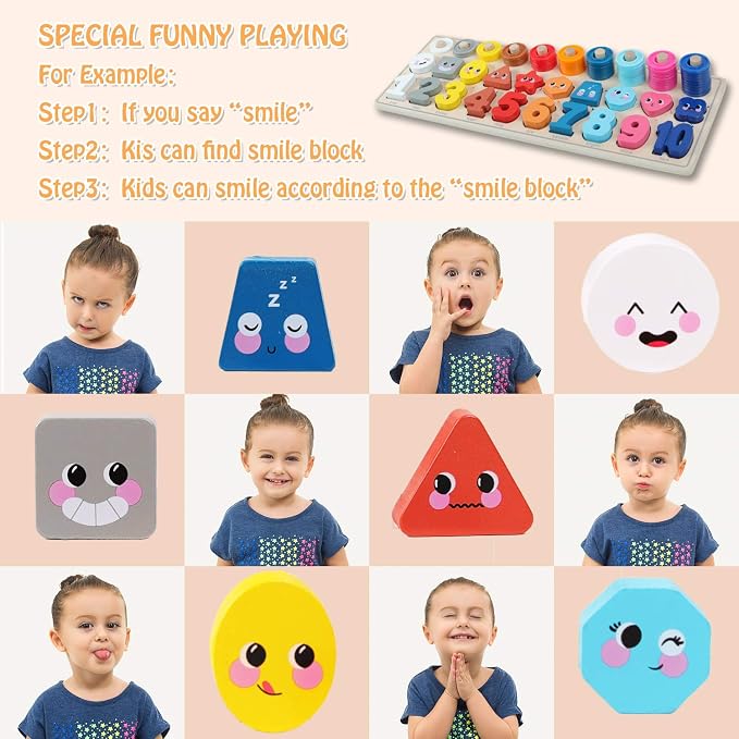 QZMTOY Wooden Montessori Toys for Kids, Toddler Number Puzzles Sorter Counting Shape Stacker Stacking Game Preschool Toys for Boy Girl Learning Education Math Blocks Chunky Puzzles Gift for Toddlers - Image 5