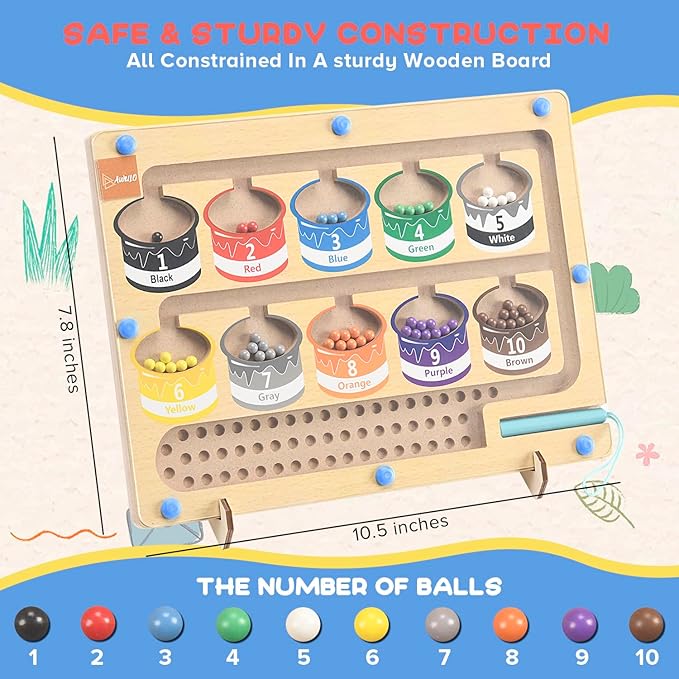 Magnetic Numbers Maze Toy for Kids with Colorful Beads, Montessori-Inspired Fine Motor Skills Learning Puzzle, Educational Counting and Sorting Game, Eco-Friendly Wooden Design