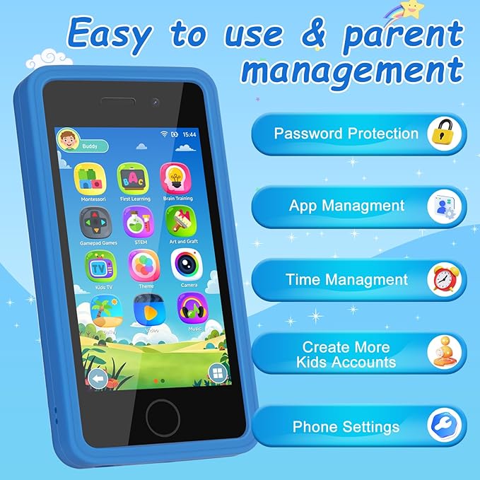 3.97" Touchscreen Kids Toys Smart Phone, Kids Phone with Games & Dual Camera, Toddler Toys Phone, Boys and Girls Learning Toy Phone for 3-9 Years Old (Blue)