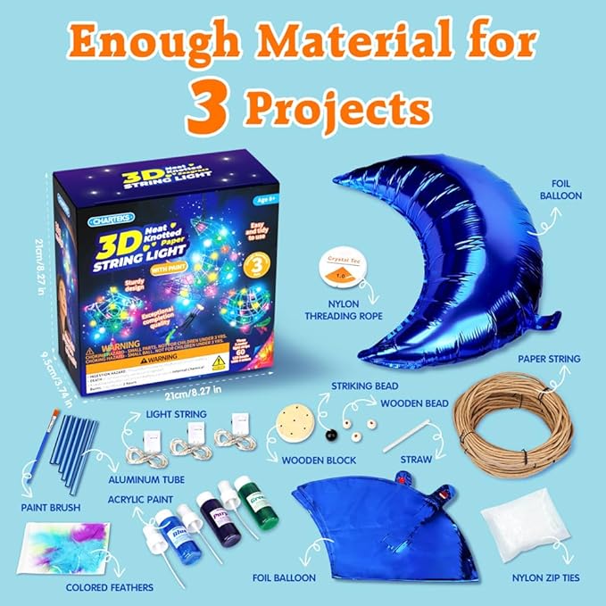 CHARTEKS 3D String Light Craft Kit for Kids, String Art Kit with LED Bulbs and Wind Chime, Arts and Crafts Set, Birthday Gifts for Girls Boys Ages 8+ (with Paint, Paper String)