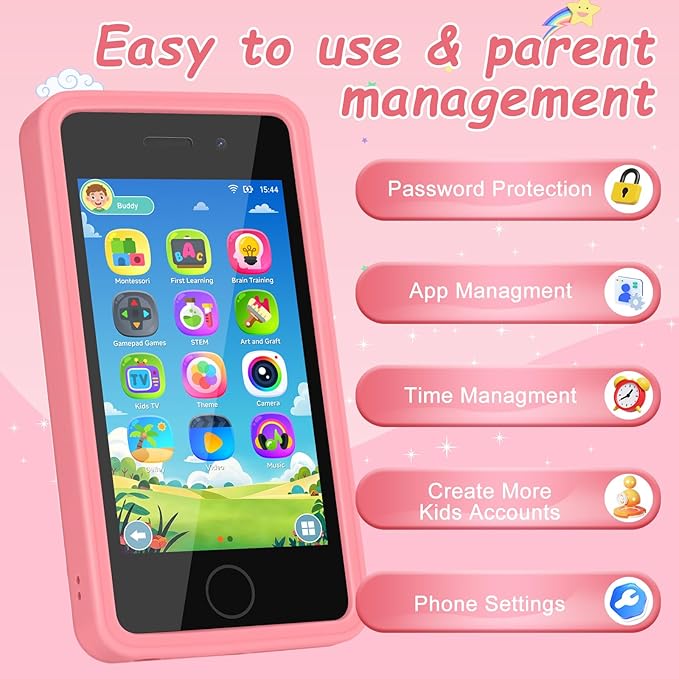 3.97" Touchscreen Kids Toys Smart Phone, Kids Phone with Games & Dual Camera, Toddler Toys Phone, Boys and Girls Learning Toy Phone for 3-9 Years Old (Pink)