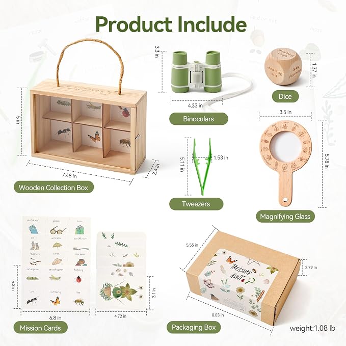 WOODEN TEETHER Kids Scavenger Hunt Play Set, 15pcs Treasure Hunt Kit with Binoculars, 10 Double-Sided Cards & Storage Box Indoor/Outdoor Exploration for Home, Backyard, Park - Image 2