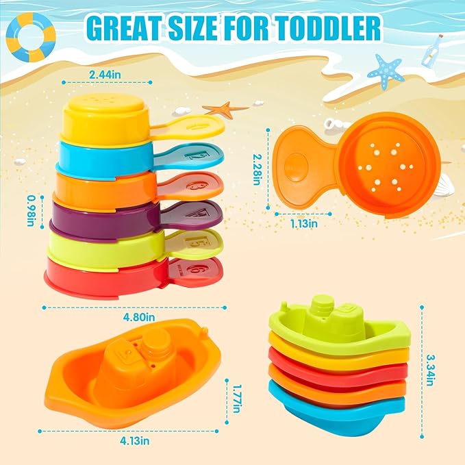 Baby Bath Toys for Kids Ages 1-3 11PCS Mold Free Bath Toys for Toddlers with Floating Boats and Spoons, Baby & Toddler Bathtub Sand Beach Pool Water Toys for Christmas Birthday Gifts