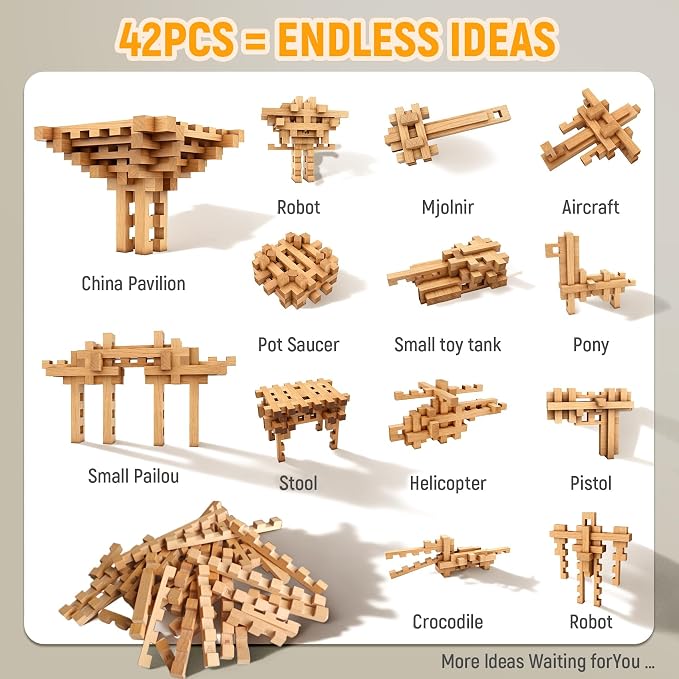 15 in 1 STEM Wooden Building Blocks -15+ Shapes, 3D Puzzle, Logic Brain Games, Educational Toys Gift for Kids and Classroom, Montessori STEM Toys for Ages 5+ to Adults - Image 2