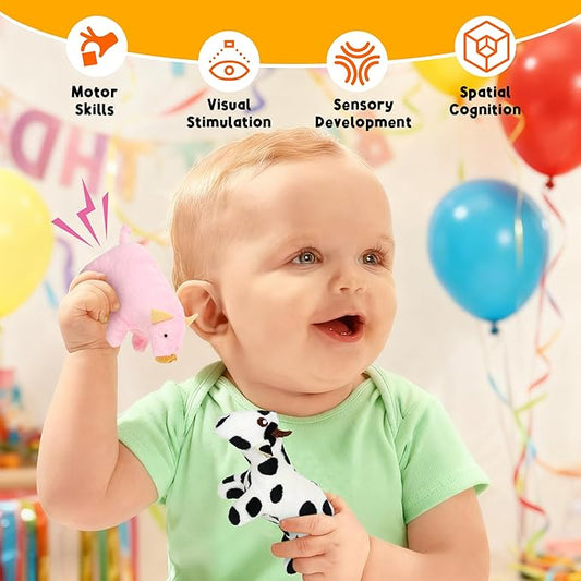 Baby Toys 6-12 Months - Montessori Sensory Farm Set - Soft Stuffed Animals with Rattle Squeak Safe Mirror - On-The-Go Toddler 1-3 Year Old Boy Girl Birthday Gifts (Orange)