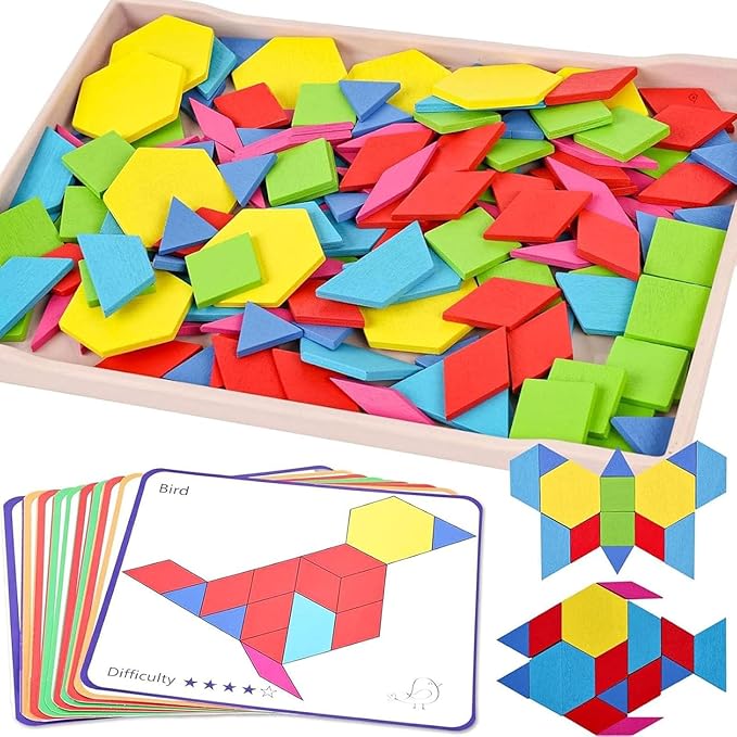 3 Otters 150Pcs Wooden Pattern Blocks Set, Geometric Tangram Shapes by 3otters