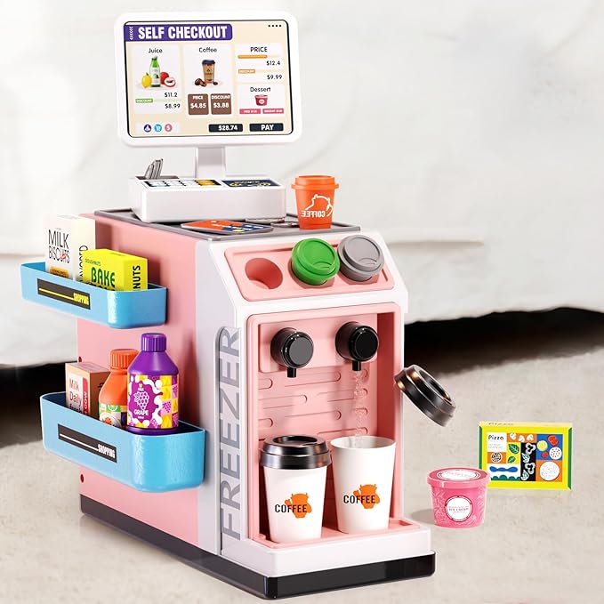 48-Piece Pretend Play Cash Register Toy Set for Kids with Water Outlet Function - Calculator, Shopping Bag, Scanners, Coffee Machine, Play Food - Gift for Boys and Girls Ages 3+（Pink）