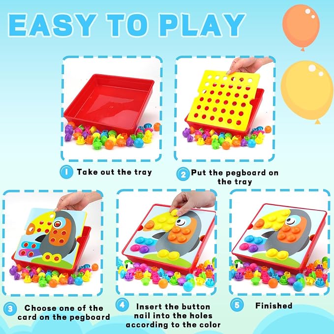 Button Art Pegboard for Toddlers - 12 Pics & 46 Buttons, Gift 3+ - Image 3