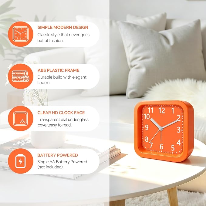 Analog Loud Alarm Clock for Heavy Sleepers, 4.5" Simple Battery Operated Alarm Clock with Modern Round Design, Silent Non-Ticking Small Bedside Clock for Bedroom Teens Seniors, College,Orange - Image 6