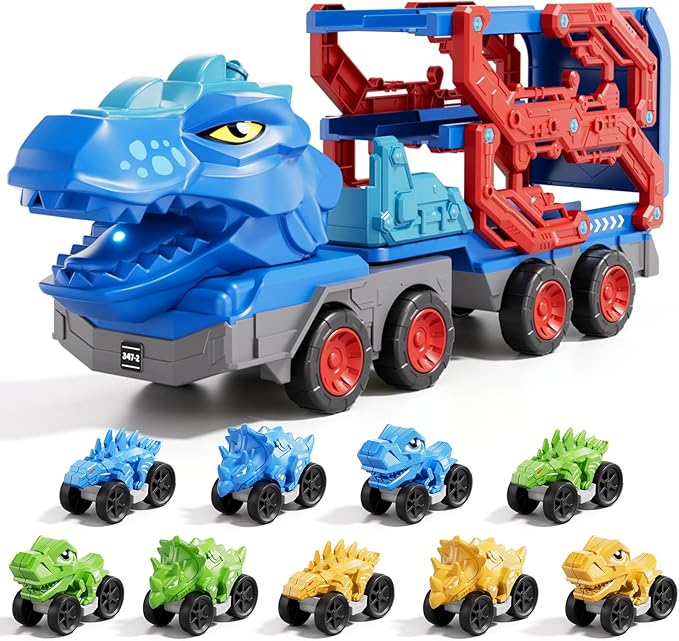 10 in 1 Dinosaur Truck Toys for Kids Toddlers Boys 3-5 4-8, Dino Carrier Truck with Foldable Track, Spray, Light & Sounds and 9 Dino Cars, Birthday Gifts for Kids Boys Girls 3 4 5 6 7 8 Year Old