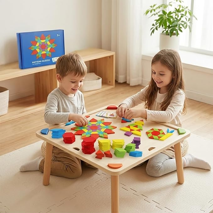 155 Pcs Wooden Pattern Blocks Set - Geometric Shape Puzzle for Kindergarten - Classic Educational Montessori Tangram Toys with 24 Design Cards for Kids Ages 3-8 - Image 3