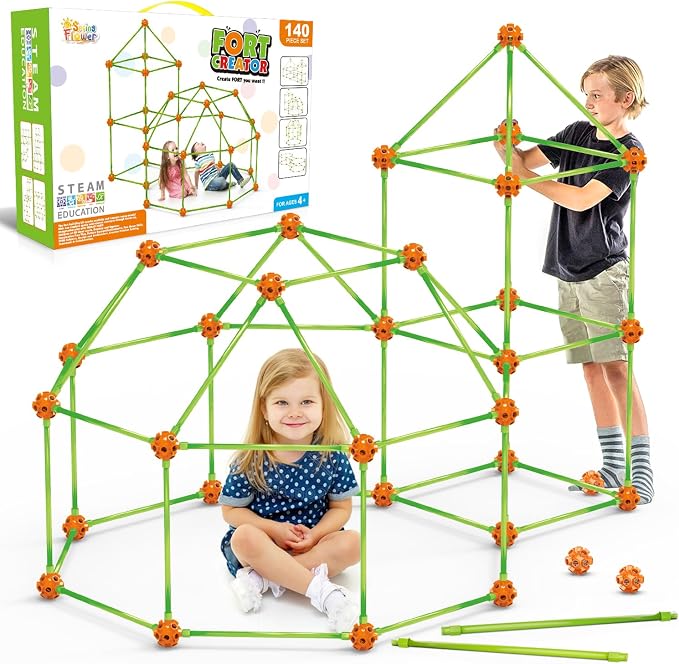 Fort Building Kit for Kids,STEM Construction Toys, Educational Gift for 3 4 5 6 7 8 9 10 11 12 Years Old Boys and Girls,Ultimate Creative Set for Indoor & Outdoors Activity,140 Pcs,Orange by SpringFlower