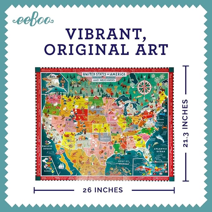 eeBoo USA MAP 48 Giant Piece Children's Puzzle, 26" x 21" - Image 2
