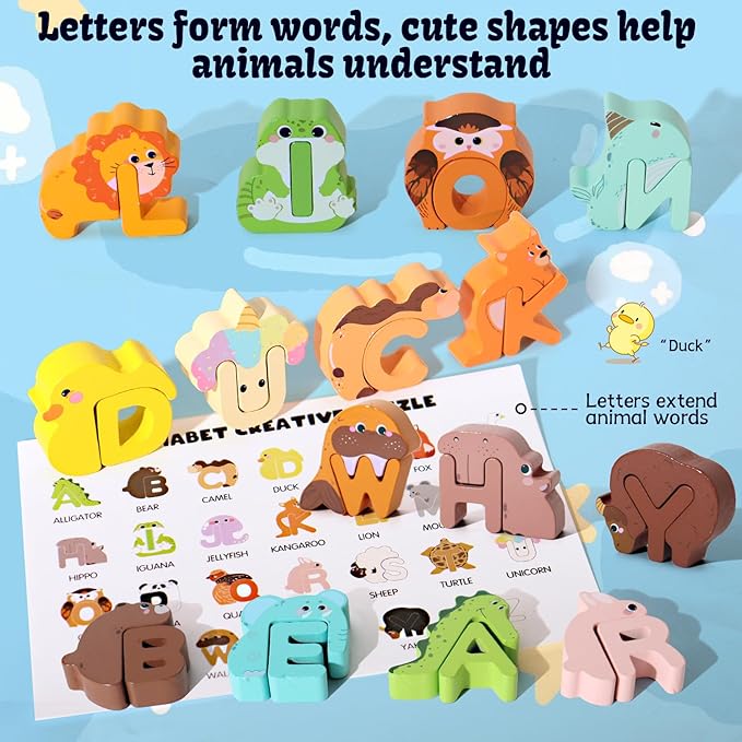 52 Pieces Matching Game, Wooden Alphabet Animal Puzzles for Toddlers, ABC Peg Puzzles for Kids Ages 3-5, Preschool Learning Activities Toys