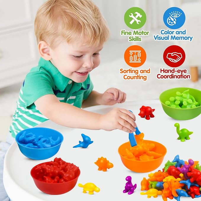 GKDOMS Counting Dinosaurs Toys Matching Game with Sorting Bowls Preschool Learning Activities Montessori Sensory Toys for Math Color Sorting, Party Favors Birthday Gift for Toddlers - Image 5