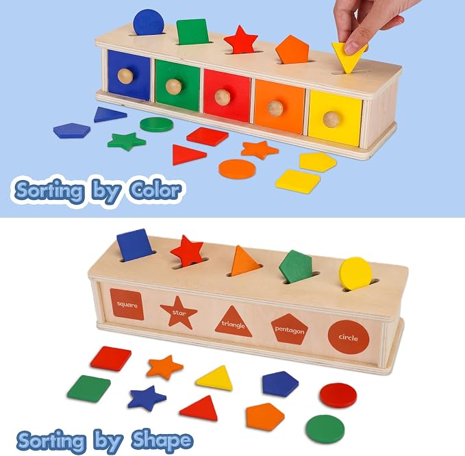 Peacurh Montessori Toys Wooden Color & Shape Sorter Toys for Toddlers, Matching Box Sorting Blocks Manipulatives Preschool Learning Educational Toy for 3 4 Year Old Boy Girl Kid Gifts - Image 3