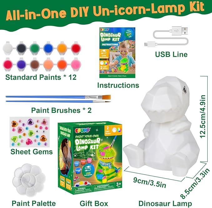 EPUMP Paint Your Own Dinosaur Lamp Kit - Rechargeable 1200mAh Night Light with 2 Light Modes, Arts and Crafts Painting Toys for Girls Boys, Art Supplies Birthday & Christmas Gifts for Kids Ages 3-12+