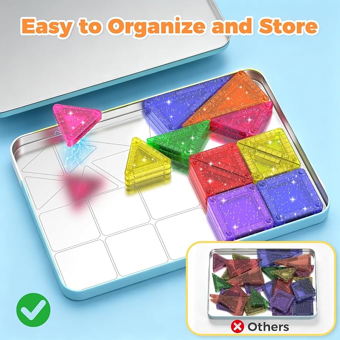 46PCS Glitter Mini Magnetic Tiles Travel Set with Storage Case - Image 2