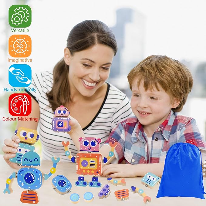 28-Piece Wooden Snap-Together Take-Apart Robot Building Blocks for Kids 3-6 - Image 2