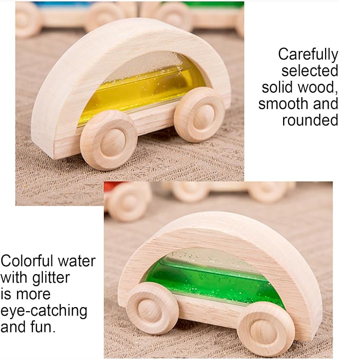 Dinhon Wooden Acrylic Water Glitter Car Toys for Toddlers 2-4, 4 Pack Colorful Sensory Water-Filled Cars, Montessori Toy Set for Boys Girls, Acrylic Rainbow Building Block Matching Products - Image 5