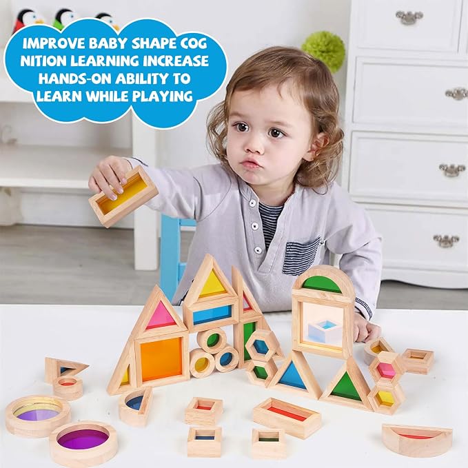 Agirlgle Wooden Rainbow Building Blocks for Kids 32 Pcs Rainbow Stacker Stacking Blocks Game Colorful Construction Toys Preschool Learning Educational Toys -Geometry Wooden Blocks for Boys & Girls - Image 3