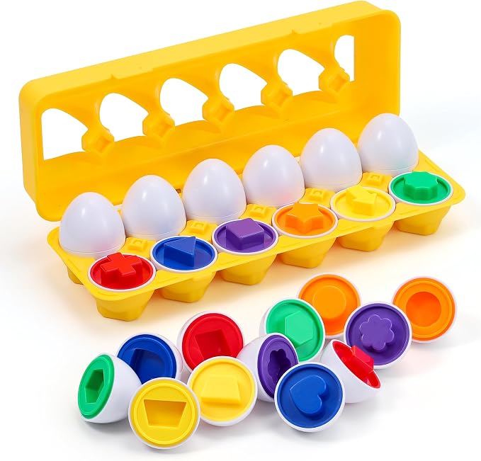 VUIYA Matching Eggs - Toddler Toys - Color Shapes Egg Set - Educational Color, Shapes and Sorting Recognition Skills - Sorting Puzzle for Kid Baby Toddler Boy Girl, Easter Basket Gift (12 Eggs) by VUIYA