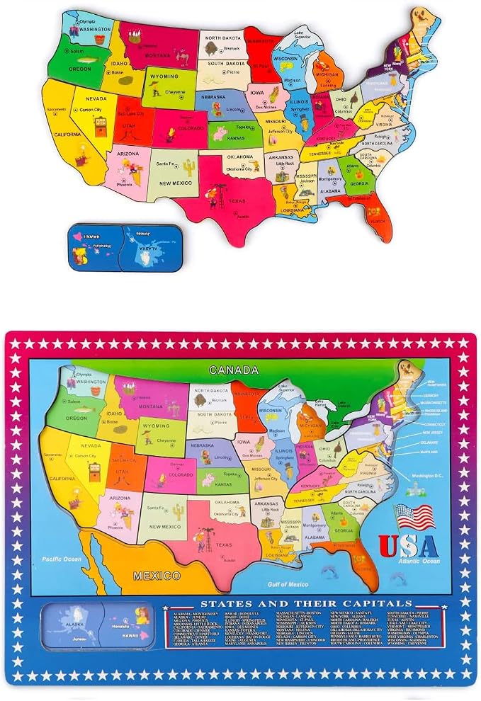 Wooden USA Map Puzzle, 46 Pieces US Map Puzzle for Kids, Educational Geography Puzzles United States Map Puzzle for Boys Girls Birthday Gift - Image 5