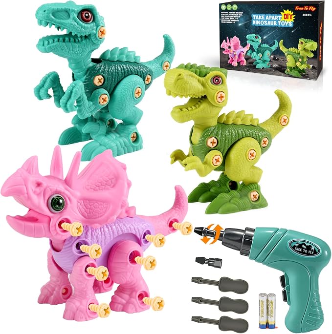 FREE TO FLY Dinosaur Toys for 3 4 5 6 Years Old Girls, Take Apart Dinosaur Learning Toys for Kids 3-5 5-7, STEM Building Construction Set with Electric Drill, Birthday Ideas by FREETOFLY