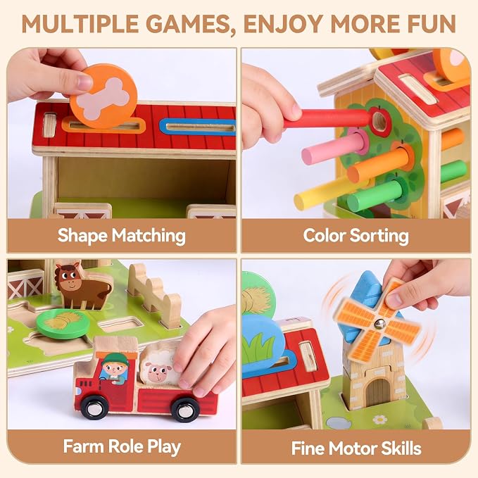 FIIOEOY Wooden Montessori Toys, Farm Animal Barn for Toddlers 1-3 Year Old - Image 2