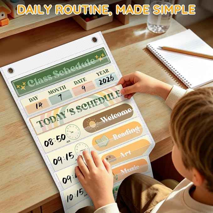 AKAYOK Daily Schedule Pocket Chart, 13+1 Pocket Visual Schedule for Kids, Includes 24 Reusable Dry-Erase Cards, Daily Planner with Hourly Schedule for Classroom, Office, Home, School Activities - Image 9