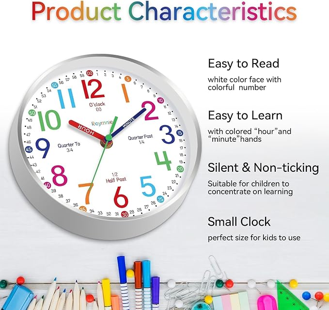 Roymnie Wall Clock for Kids Learning Battery Operated Teaching Silent 8" - Image 6