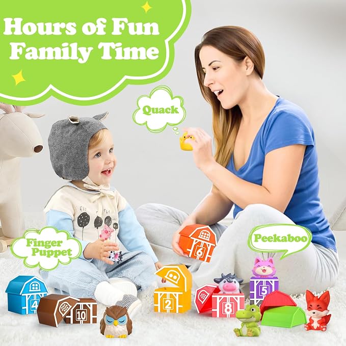 Oriate Farm Animal Learning Toys for Toddlers 1,2,3 Year Old, 20Pcs Farm Animals Montessori Toy for Counting Sorting Color Recognition & Matching, Finger Puppets & Stacking Toys 12M+ - Image 6