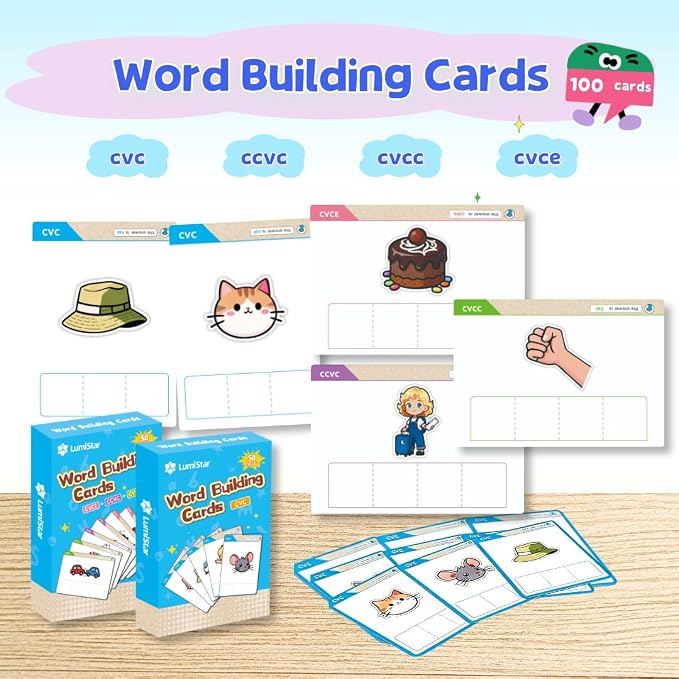 CVC CVCC CVCE CCVC Word Building Activity Cards 100 Writing & Spelling Phonics Flash Cards with 200 Words Phonemic Awareness Classroom Must Have Sight Words Practice Kindergarten Homeschool Supplies - Image 2