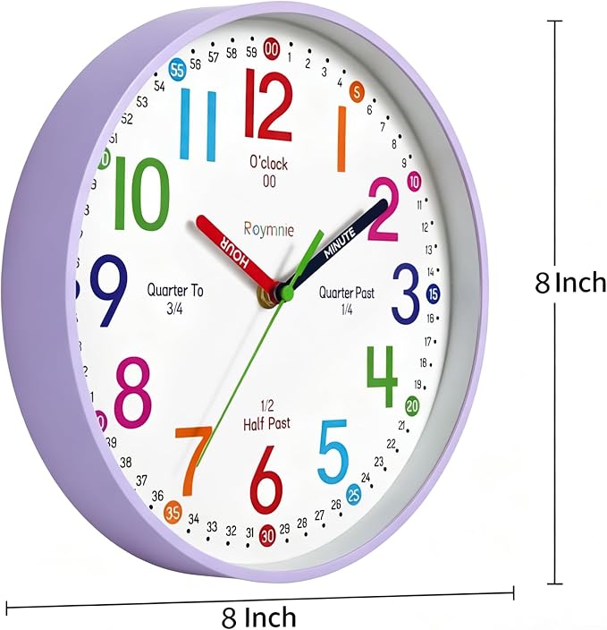 Roymnie Wall Clock 8" for Kids Learning Battery Operated Teaching Silent - Image 5