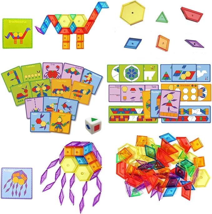 140PCS Translucent Pattern Blocks Set with Activity Game Cards, Geometric Shapes, Light Table Accessories, Math Manipulatives STEM Educational Toy for Kids by Whimsiworks