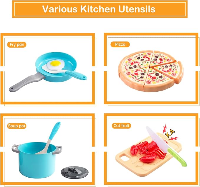 80Pcs Kitchen Playset, Toddler Pretend Cooking with Pots, Pans, Cookware, Food, Picnic Blanket, Fruits, Veges, Shopping Storage Basket, Dessert , Learning Gift for Girls Boys (Turquoise) - Image 5