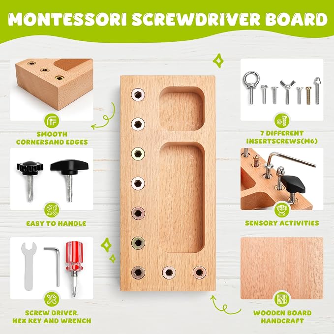 TenFans Montessori Busy Board for Toddlers 3-5 Years, Wooden Screwdriver Activity Board, Fine Motor Skills & Sensory Development Toy, Preschool Learning & Travel​​ - Image 3