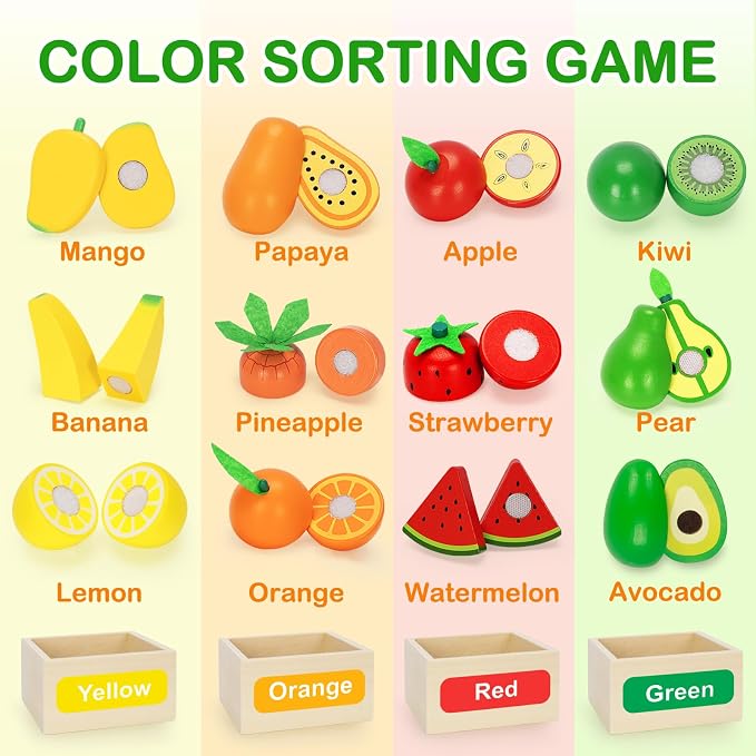 TooyBing Wooden Play Food Toy Set for Kids Kitchen - 30 Pcs Montessori Cutting & Color Sorting Fake Fruit Accessories with 4 Boxes, Play Toys for Toddlers 3, Birthday Gifts for Boys Girls - Image 2