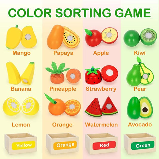 TooyBing Wooden Play Food Toy Set for Kids Kitchen - 30 Pcs Montessori Cutting & Color Sorting Fake Fruit Accessories with 4 Boxes, Play Toys for Toddlers 3, Birthday Gifts for Boys Girls - Image 2