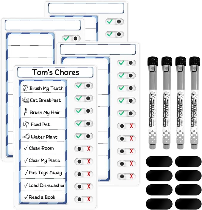 4-in-1 Chore Chart: Dry Erase My Chores Slider Chart, Magnetic Visual Schedule for Fridge, Kids Daily Checklist - ADHD Tools: To-Do List and Routine Chart (Blue 4-Pack) by Jupyn