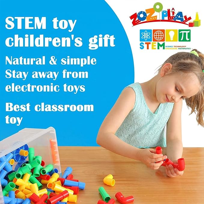 ZOZOPLAY STEM Learning Toy Tubular Pipes & Spouts & Joints 64 Piece Build Bicycle, Tank, Scootie, Moter Skills Endless Designs Educational Building Blocks Set for Kid Ages 3+ Multicolor